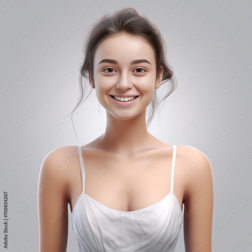 a 3D fashion model gracefully soars against a light gray backdrop. Draped in a long silk gown with chiffon fabric, she embodies creativity in a pure white dress. Generative AI. a 3D fashion model gracefully soars against a light gray backdrop. Draped in a long silk gown with chiffon fabric, she embodies creativity in a pure white dress. Generative AI.