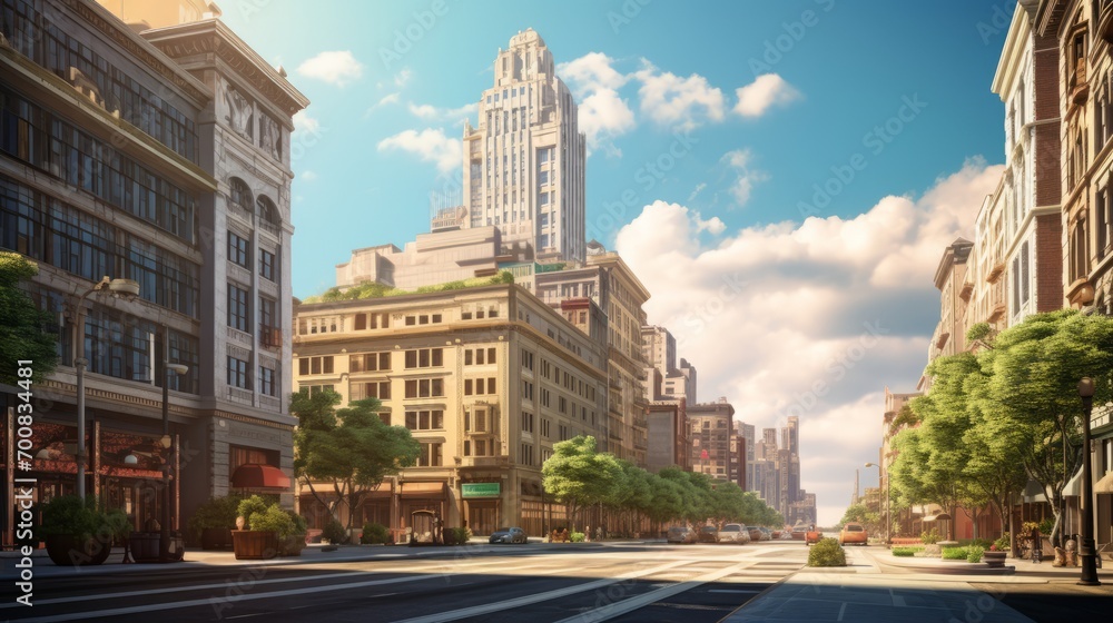 Naklejka premium Timeless Elegance: A Majestic Skyscraper Embracing History in Urban Harmony