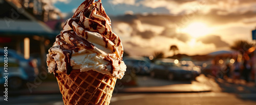 An ice cream cone is enjoyed in an urban setting, with the warm glow of the sunset creating a picturesque moment.