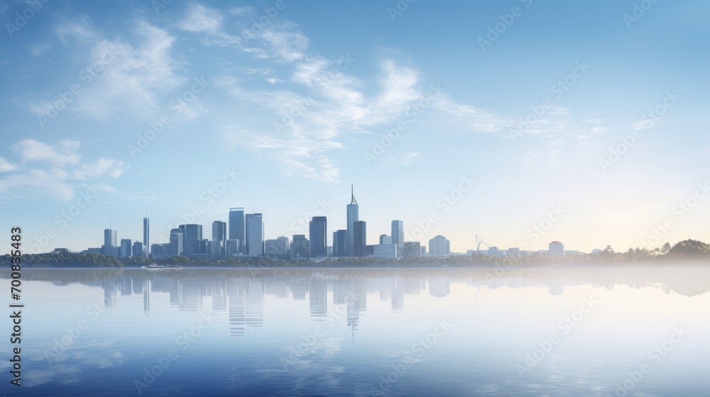 Misty Morning Marvel: Serene Lake Embraces Modern Cityscape in Ethereal Sunrise Misty Morning Marvel: Serene Lake Embraces Modern Cityscape in Ethereal Sunrise