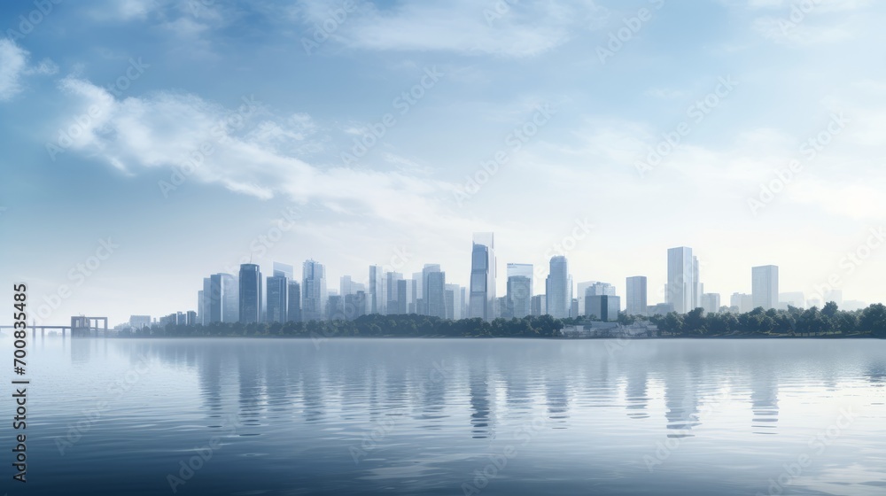 Misty Morning Marvel: Serene Lake Embraces Modern Cityscape in Ethereal Sunrise