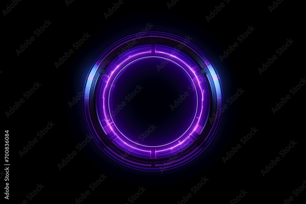 Obraz premium Neon Purple glowing light circle on black background, Blank concept template - sci-fi 3d rendering mockup, Futuristic neon-colored retro-style glowing circle