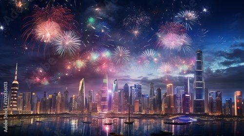 City of Lights: Captivating Skyscraper Illuminated by Vibrant Fireworks - Celebrating the Vibrancy and Festivity of Urban Life