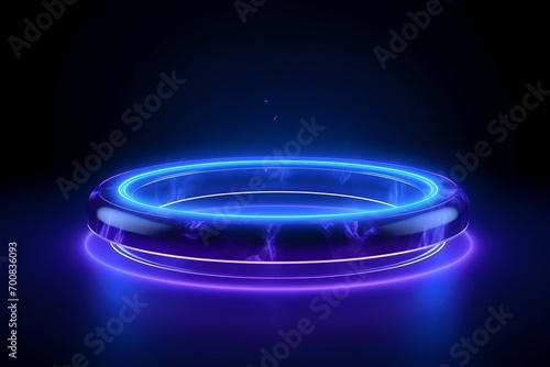 Neon purple and blue holographic display for product or advertisement. Pedestal with glowing light on black background, Blank Pedestal lo-fi concept template - sci-fi 3d rendering mockup