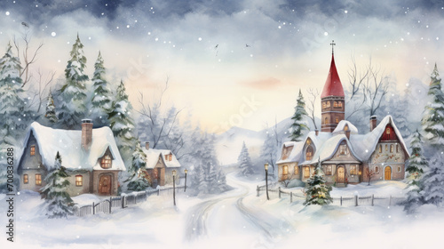 Magical watercolor winter town scene, cottagecore © MelissaMN