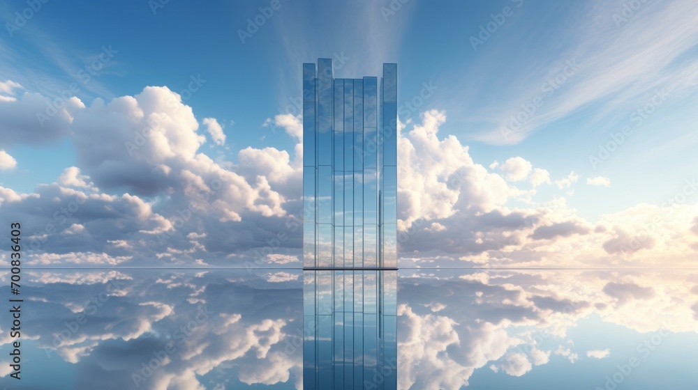 Mirrored Majesty: A Captivating Skyscraper Seamlessly Merging with the Ethereal Sky and Clouds