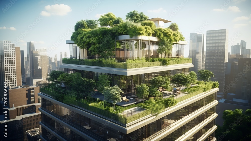 Fototapeta premium Urban Serenity: A Breathtaking Rooftop Garden Oasis amidst the Skyscrapers