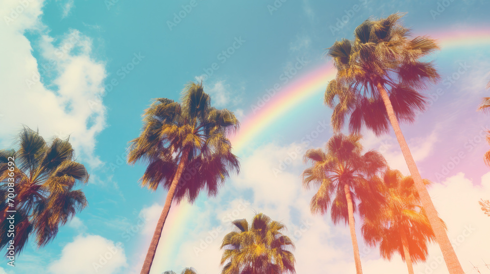 Rainbow bokeh filter palm trees against sky. Travel concept graphic banner with copyspace