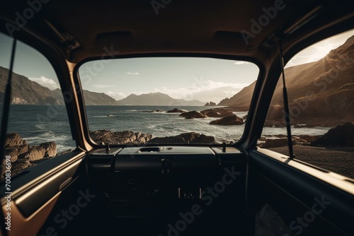 A wide view of the sea and mountains from an open vehicle trunk. Generative AI