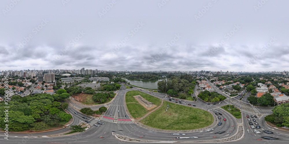 360 aerial photo taken with drone of monument near large park