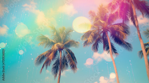 Rainbow bokeh filter palm trees against sky. Travel concept graphic banner with copyspace photo