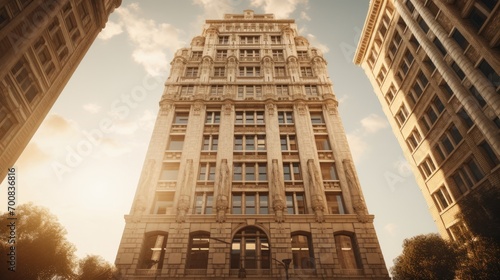 Golden Hour Majesty: Vintage Skyscraper's Intricate Masonry Shines with Historic Splendor