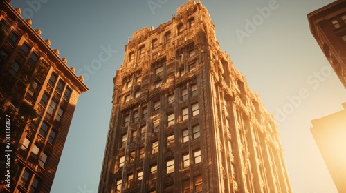 Golden Hour Majesty: Vintage Skyscraper's Intricate Masonry Shines with Historic Splendor