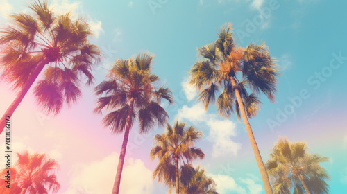 Rainbow bokeh filter palm trees against sky. Travel concept graphic banner with copyspace