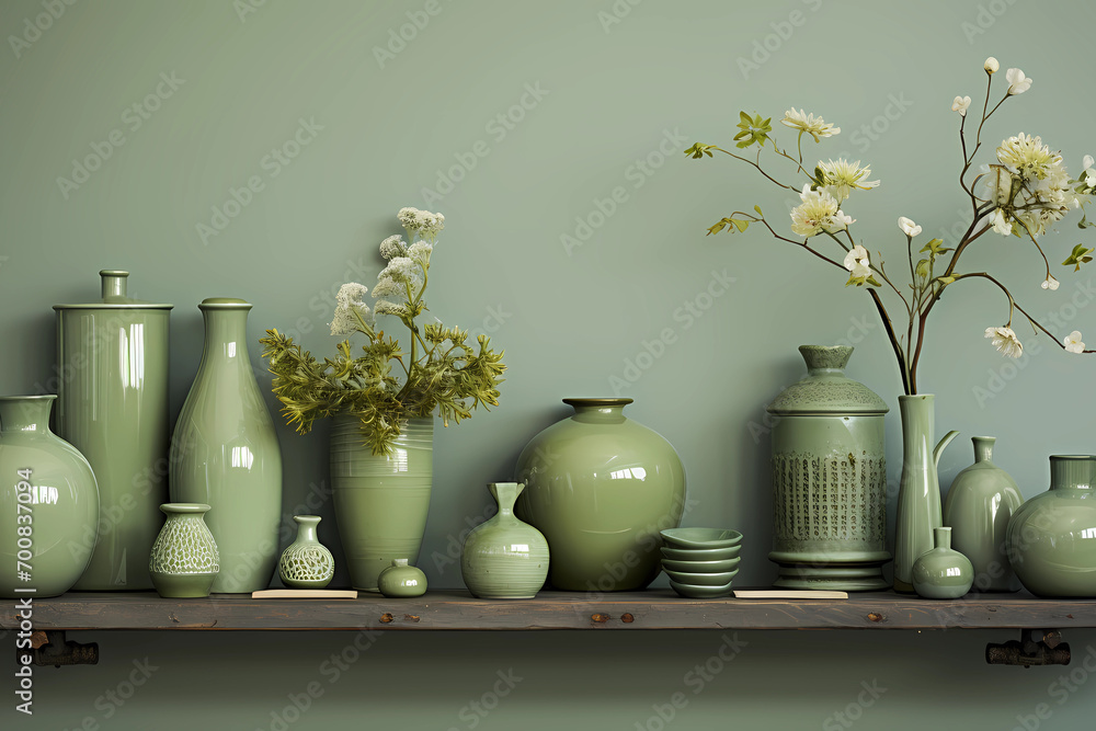 still life with green vases and flowers - obrazy, fototapety, plakaty 
