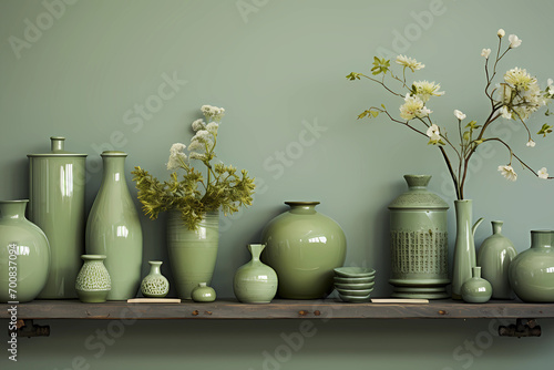 still life with green vases and flowers