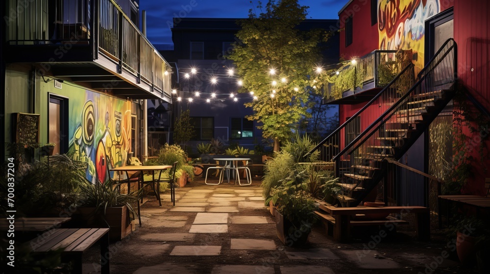 Enchanting Urban Oasis: Vibrant Murals, Vertical Gardens, and String Lights Illuminate a Once-Neglected Alleyway, Creating a Thriving Community Haven