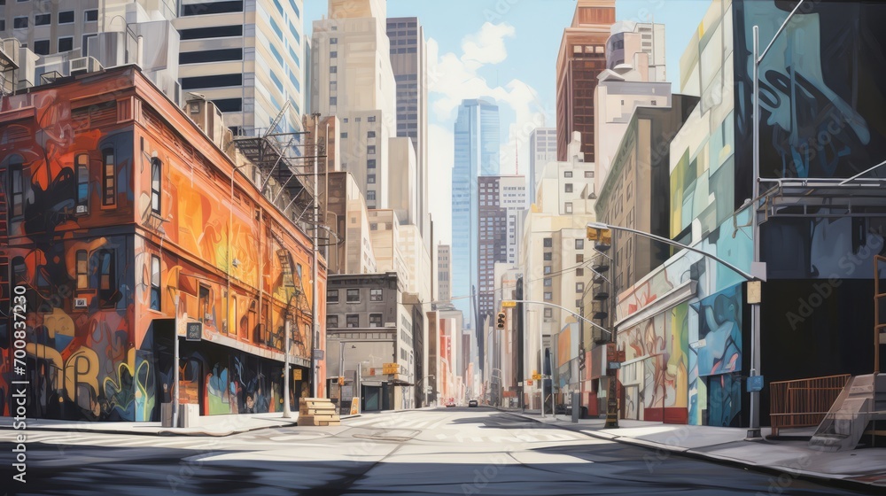 Fototapeta premium Urban Tapestry: Where Street Art Meets Corporate Skies - A Captivating Fusion of Grit and Glamour