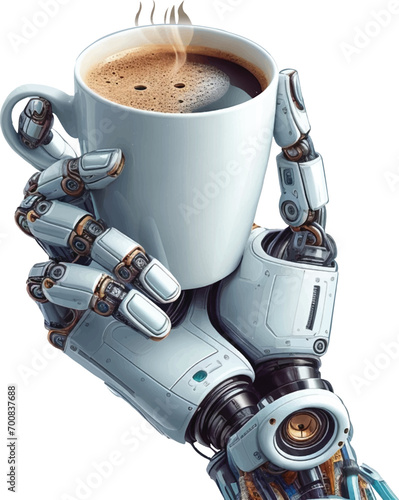 Robotic hand hold a cup of hot coffee