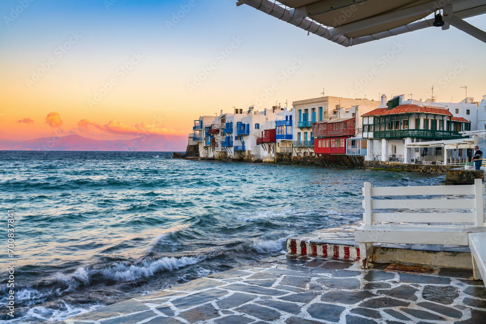 Beautiful sunrise at Little Venice on Mykonos island, Cyclades, Greece