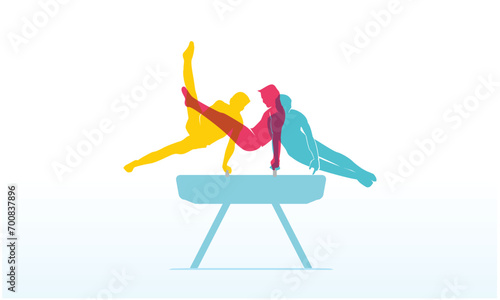 Colorful vector editable gymnastic pommel horse male poses for any graphic background	