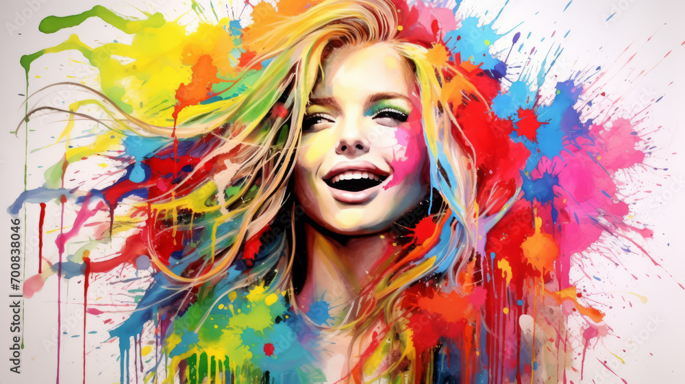 An expressive painting features a woman with a face adorned by colorful paint splatters.