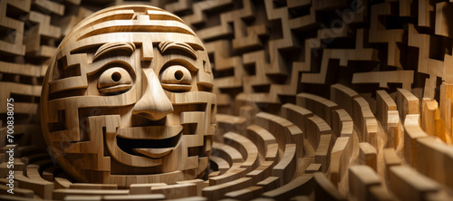 A wooden sculpture of a face is carved into a maze, its expression a mix of humor and creepiness.