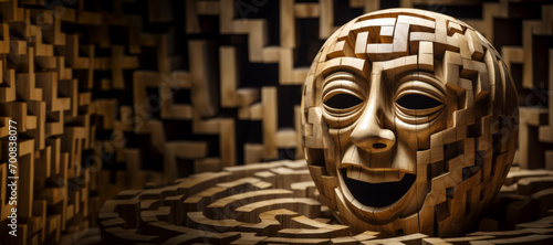 A wooden mask, carved to depict a tortured face, sits on a table, its smile hinting at a hidden maze.