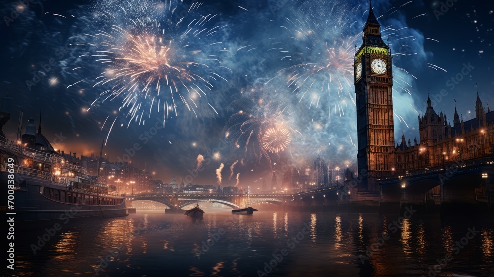 Fototapeta premium Midnight Majesty: Captivating Clock Tower Illuminated by Dazzling Fireworks, Reflecting in Serene River