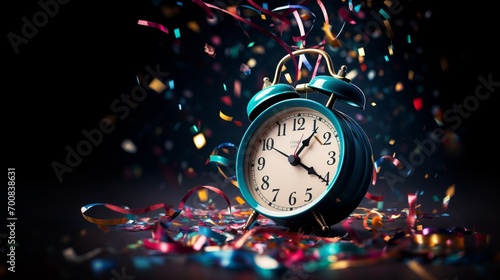 Countdown to Celebration: Sparkling New Year's Eve Clock with Bursting Champagne Cork - Festive Stock Image