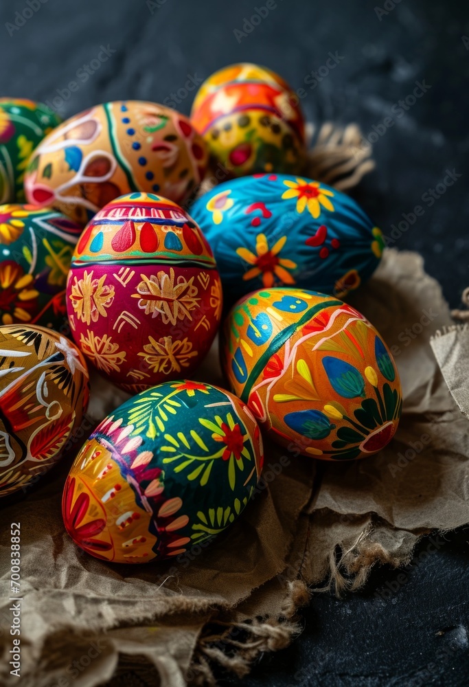 Vibrantly decorated easter eggs gather together, radiating joy and the spirit of the holiday