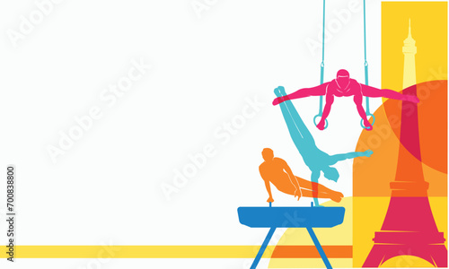 Great editable vector file of gymnastic ring and pommel horse players silhouette in the front of paris skyline with classy and unique style best for your digital design and print mockup photo