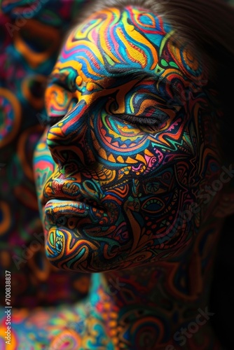 A vibrant and bold expression of creativity and self-expression captured in the colorful face paint of a woman, merging the worlds of art and beauty © lagano