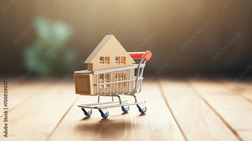 Unlocking Dreams: Miniature Wooden House Keychain in Blue Shopping Cart - Real Estate Investment and Mortgage Concept