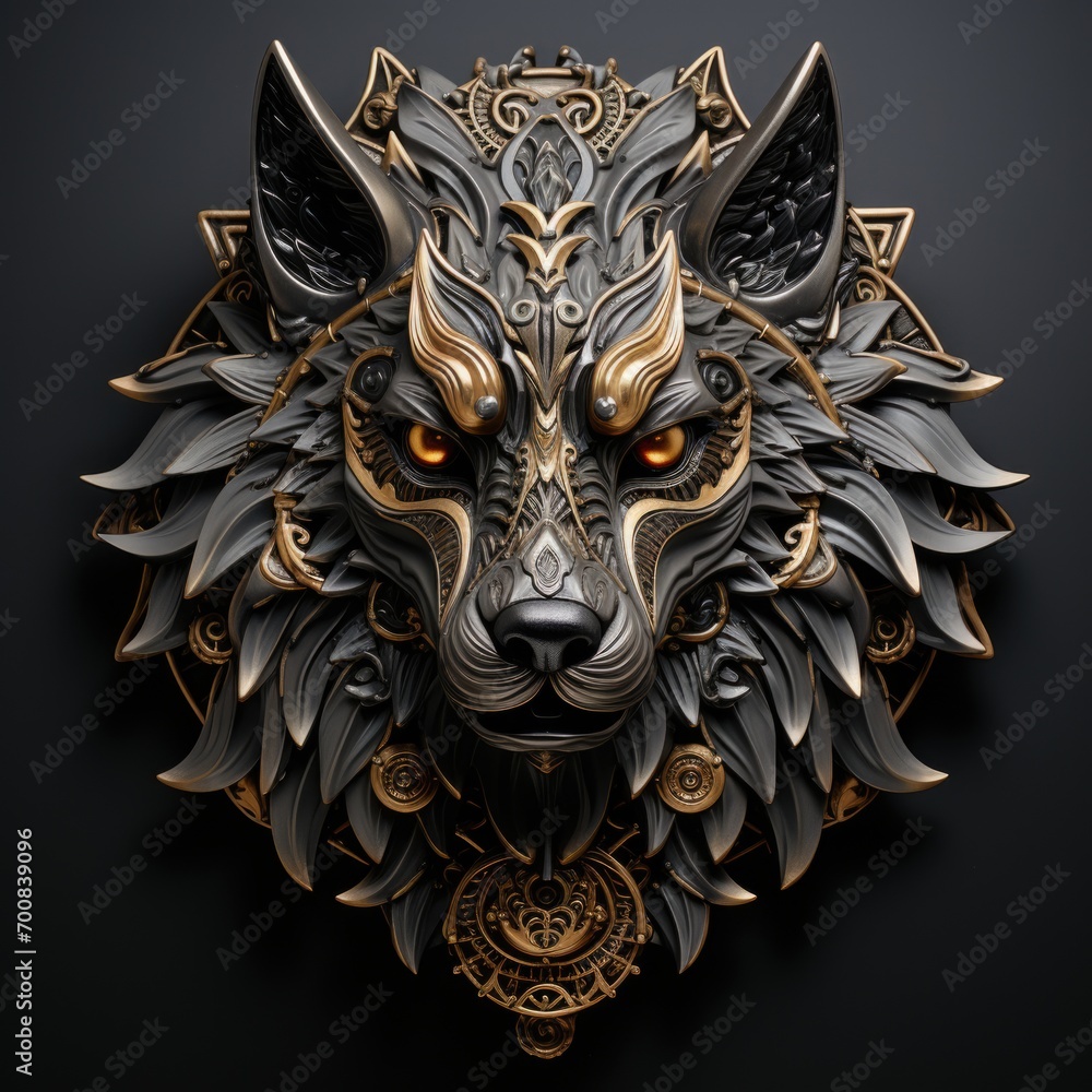 A black and gold wolf head on a black background, small decorative metal object