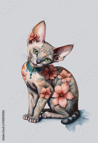Very cute Egyptian hairless cat with flowers on his fur