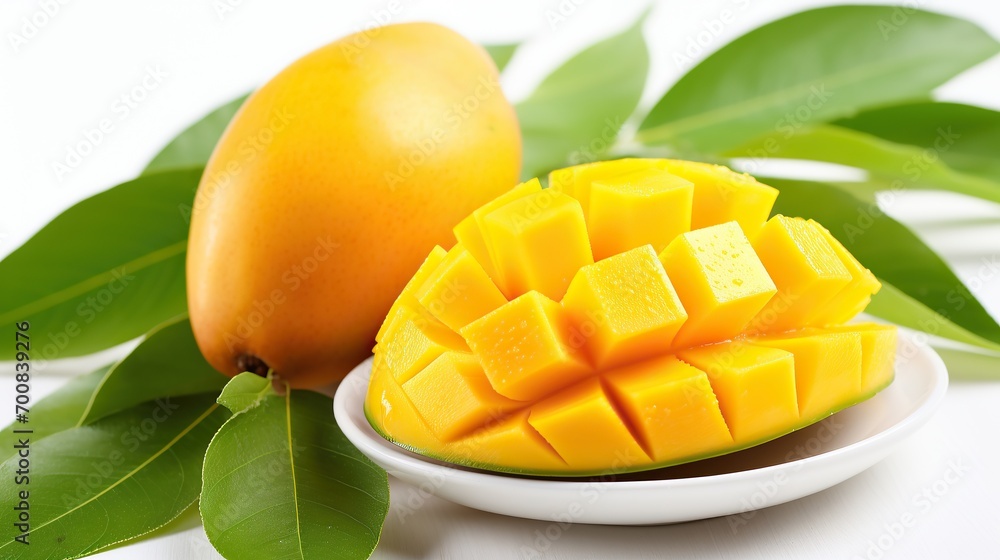 Mango and leaves, white background. Full depth of field. Mango With clipping path. Mango collection