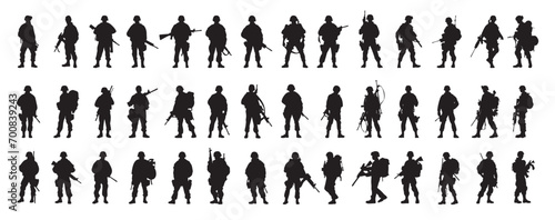 Soldier and army force silhouette icon set with weapons. Large military vectors collection. 