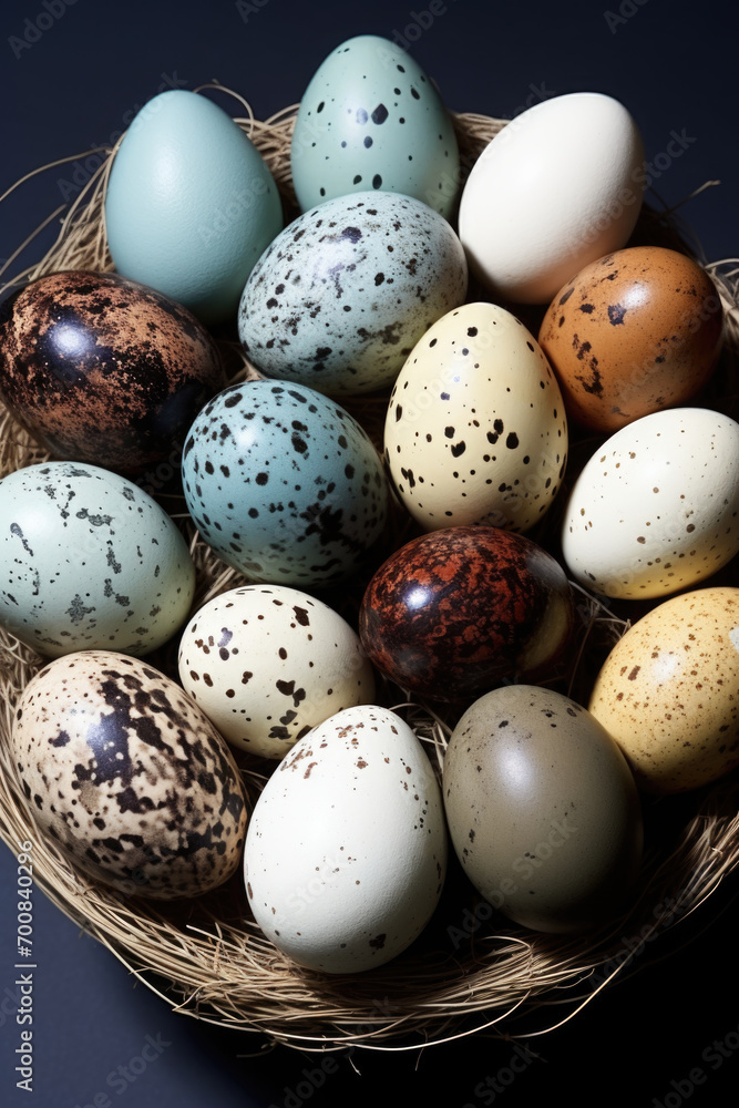 A basket filled with different colored eggs on top of a table Various eggs from different birds, collection