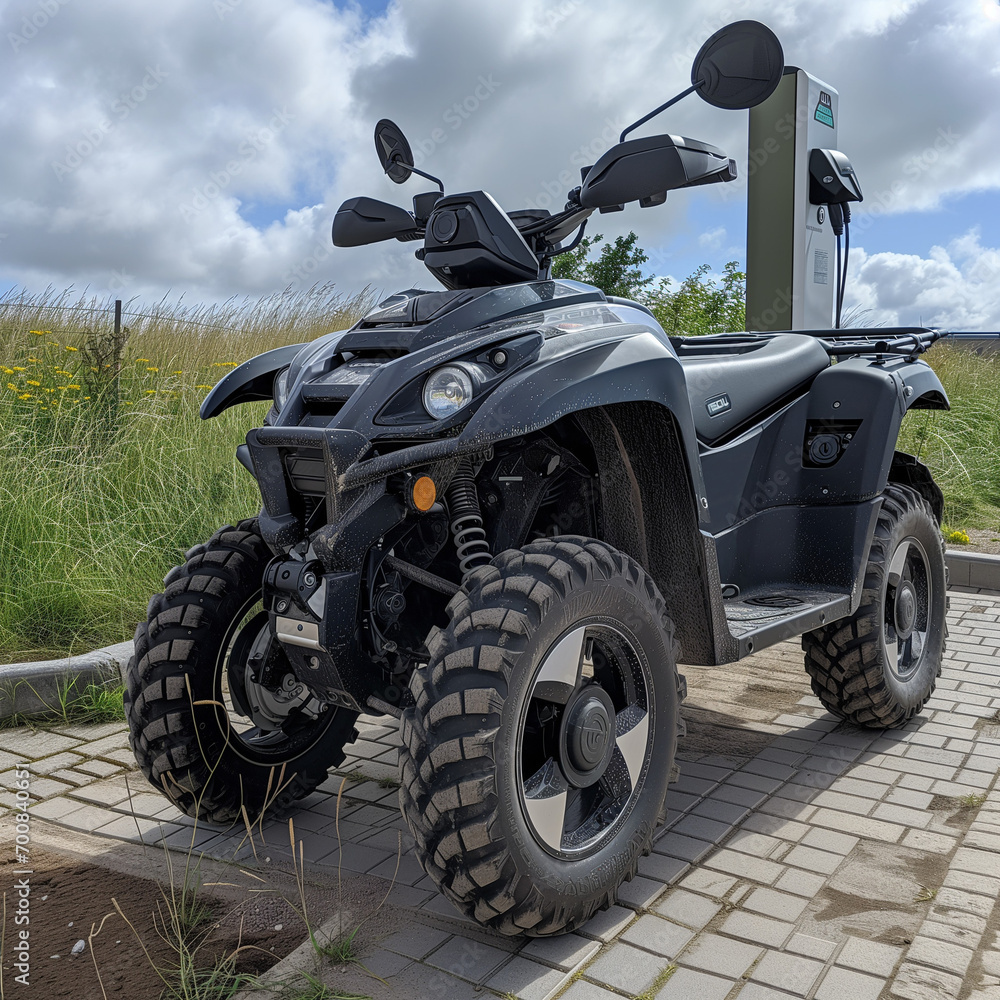 Sunset Glow on Sustainable Travel: Electric All-Terrain Vehicle Charging Sunset Glow on Sustainable Travel: Electric All-Terrain Vehicle Charging