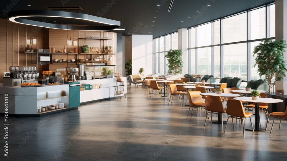 Revitalizing Workspaces: Inspiring Office Cafeteria with Modern Decor, Versatile Seating, and Nourishing Food Station