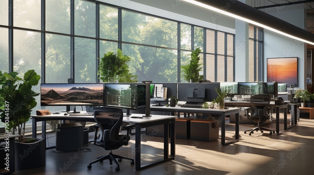 Tech Oasis: Empowering Collaboration in a Vibrant Open Office Space with Cutting-Edge Monitors and Standup Workstations