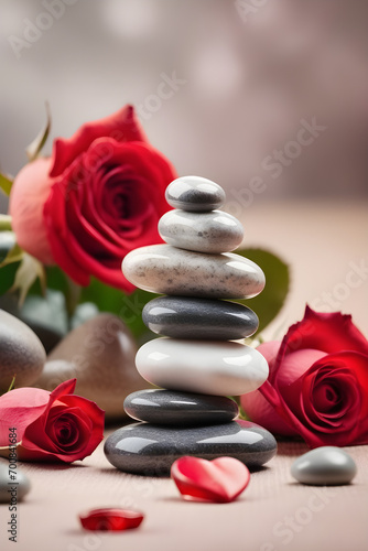Valentines Meditation Stones, Red Roses and Stack of Massage Stones