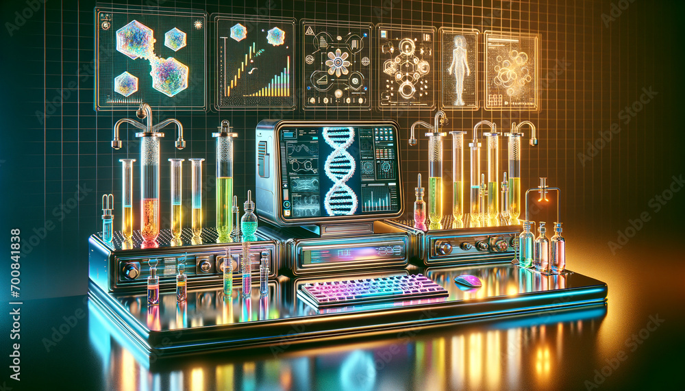 Bioinformatics Workspace: Futuristic Desk with Holographic DNA Model ...