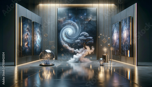 Surreal smart mirrors in an ethereal living space with abstract elements