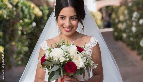 Beautiful woman dressed as a bride, with a white dress and a bouquet of flowers. Pretty white woman with black hair. Girl about to get married or recently married.