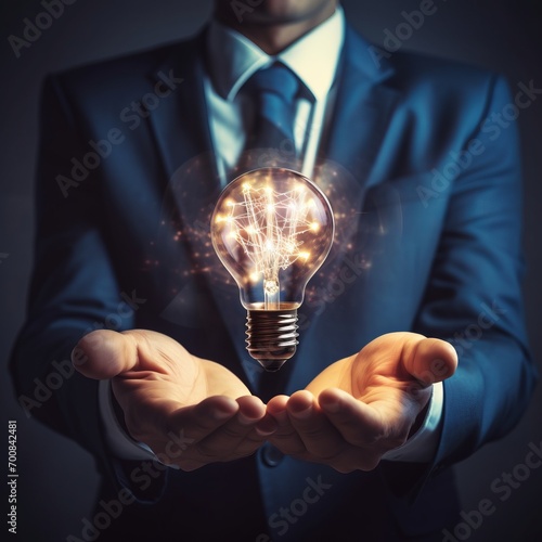 Empower ideas with a lightbulb in a businessman's hand, symbolizing innovation and network connection. A suit-clad figure harnesses creativity, radiating brilliance and success.