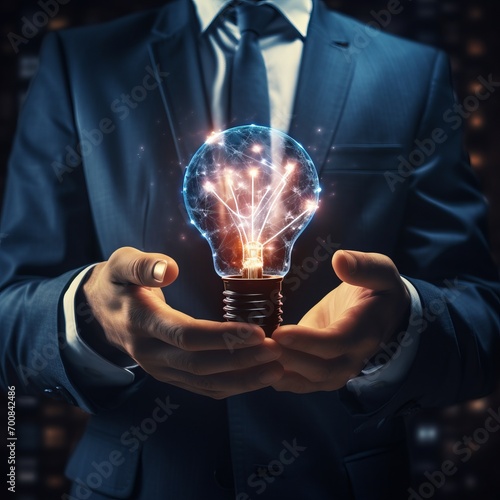 Empower ideas with a lightbulb in a businessman's hand, symbolizing innovation and network connection. A suit-clad figure harnesses creativity, radiating brilliance and success. photo