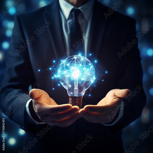 Empower ideas with a lightbulb in a businessman's hand, symbolizing innovation and network connection. A suit-clad figure harnesses creativity, radiating brilliance and success.