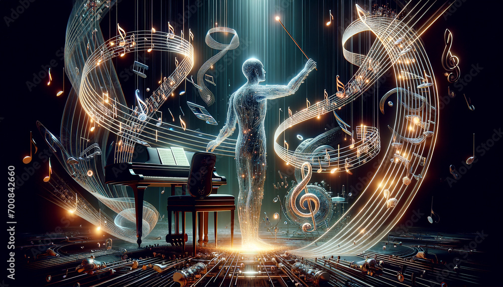 Surreal AI Conductor orchestrating a symphony of binary code amidst cosmic dreamscape